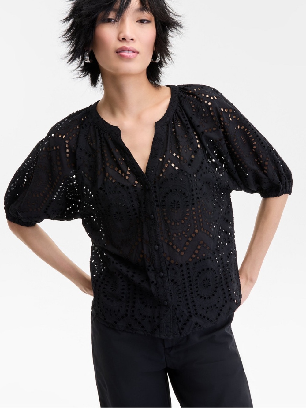 INC International Concepts Black Eyelet Button-Front Blouse
